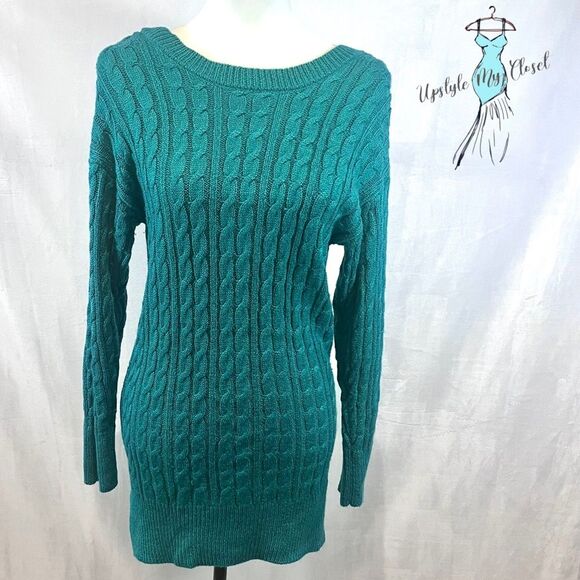 Long sleeve teal green cable knit tunic lace back sweater size medium - Picture 1 of 4